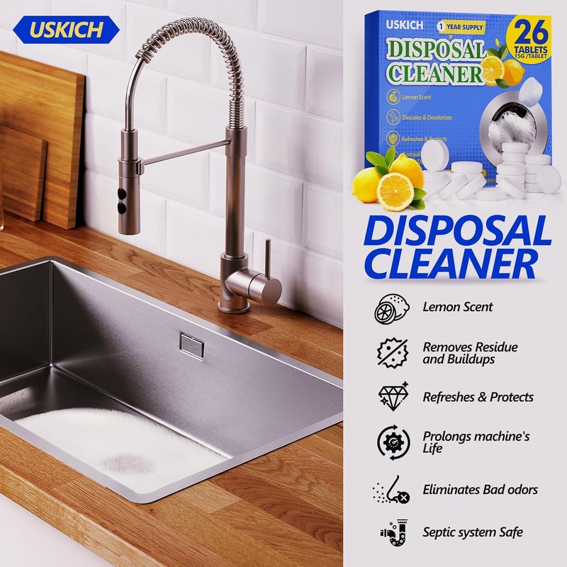 USKICH Garbage Disposal Cleaner Deodorizer Tablets 26Pack,XL Powerful Foaming Kitchen Sink Cleaners- Fresh Lemon Scented Disposal Cleaner, Natural Drain Garbage Disposer Cleaning- 1 Year Supply - Image 2